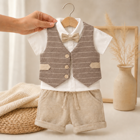 Set elegant copii camasa vesta bej si pantaloni scurti [1]