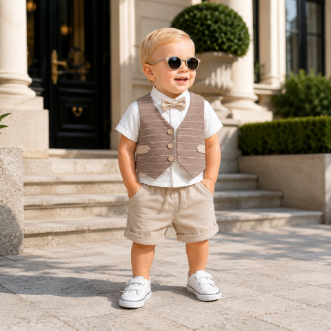 Set 4 piese camasa papion vesta si pantaloni - Set elegant copii camasa vesta bej si pantaloni scurti