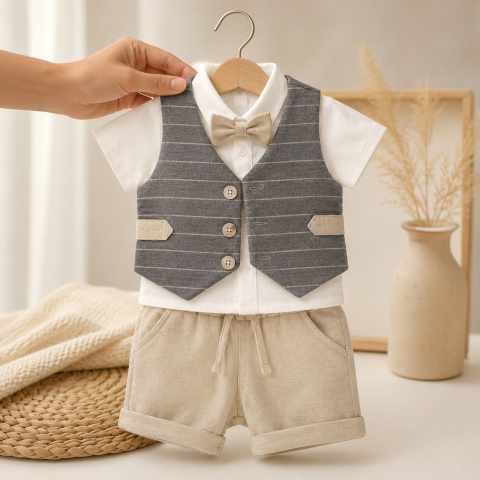 Set elegant copii camasa vesta si pantaloni scurti bej [1]