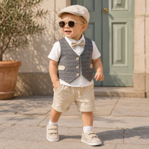 Set 4 piese camasa papion vesta si pantaloni - Set elegant copii camasa vesta si pantaloni scurti bej