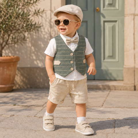 Set elegant copii camasa vesta verde si pantaloni scurti [2]