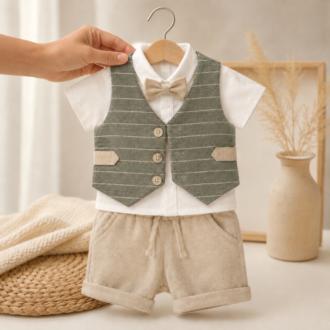 Set elegant copii camasa vesta verde si pantaloni scurti [1]