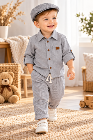 Imbracaminte - Set elegant copii pentru baieti Oryeda camasa pantaloni si palarie bumbac gri 6-24 luni