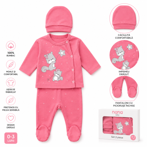 Set fete Nana Baby roz 3 piese bluza pantaloni caciula bumbac 0-3 luni [2]