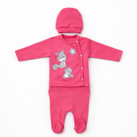 Seturi nou nascuti (0-3 luni) - Set fete nana baby roz 3 piese bluza pantaloni caciula bumbac 0-3 luni