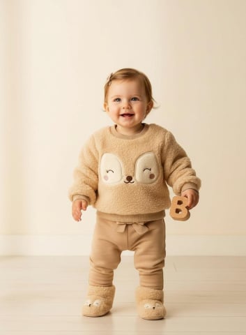 Set bluzita pantaloni si botosei - Set 3 piese Welsoft – bluzita, pantaloni si ghetute – material pufos - Crem