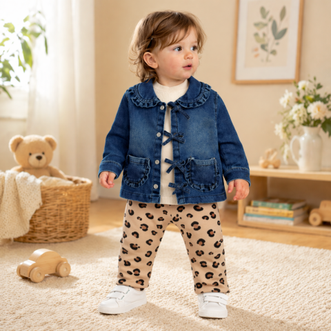 Set body cu maneca lunga geaca si pantaloni - Set fetite 3 piese cu geaca denim body si pantaloni animal print Murat