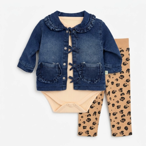 Imbracaminte - Set fetite 3 piese cu geaca denim body si pantaloni cu animal print Murat 68|74|80|86