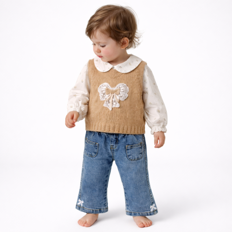 Set 3 piese bluzita vesta si blugi - Set fetite 3 piese cu vesta maro bluzita florala si pantaloni blugi Olix