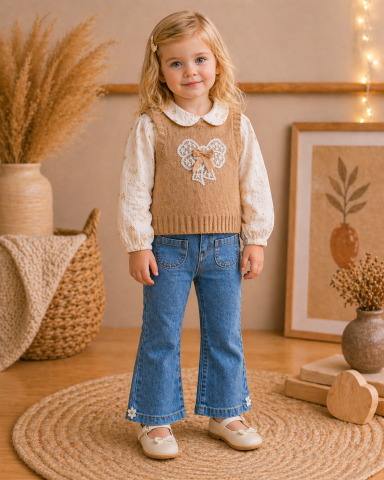 Set 3 piese bluzita vesta si blugi - Set fetite 3 piese cu vesta maro bluzita florala si pantaloni blugi Olix