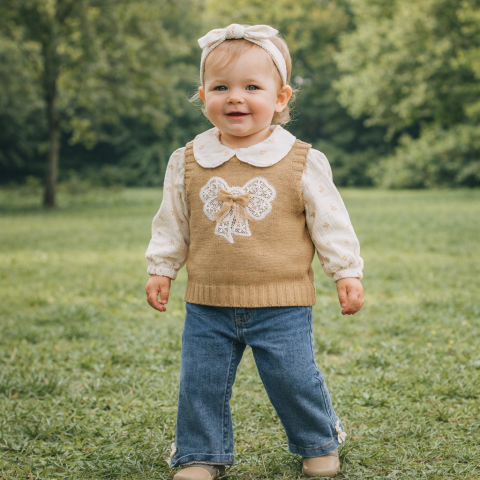 Set 3 piese bluzita vesta si blugi - Set fetite 3 piese cu vesta maro bluzita florala si pantaloni blugi Olix