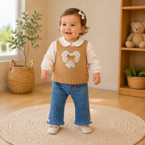 Set 3 piese bluzita vesta si blugi - Set fetite 3 piese cu vesta maro bluzita florala si pantaloni blugi Olix