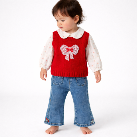 Set 3 piese bluzita vesta si blugi - Set fetite 3 piese cu vesta rosie bluzita florala si pantaloni blugi Olix