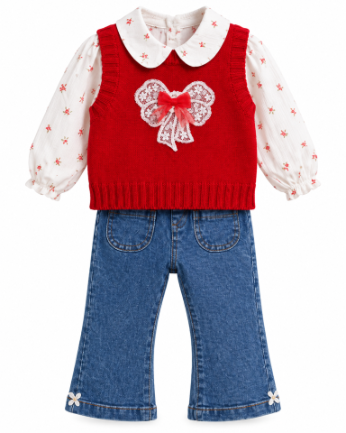 Imbracaminte - Set fetite 3 piese cu vesta rosie bluzita florala si pantaloni blugi Olix