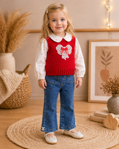 Set 3 piese bluzita vesta si blugi - Set fetite 3 piese cu vesta rosie bluzita florala si pantaloni blugi Olix