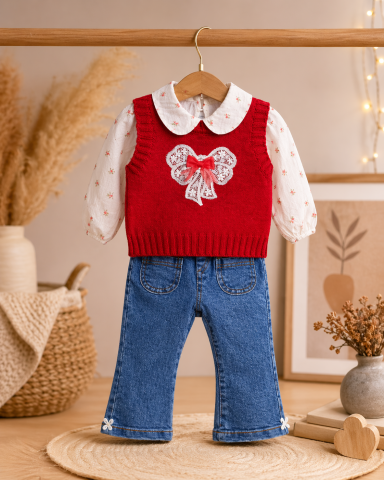 Set fetite 3 piese cu vesta rosie bluzita florala si pantaloni blugi Olix [1]