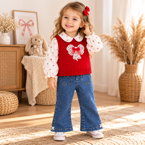 Set fetite 3 piese cu vesta rosie bluzita florala si pantaloni blugi Olix [1]