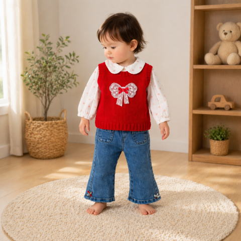 Set 3 piese bluzita vesta si blugi - Set fetite 3 piese cu vesta rosie bluzita florala si pantaloni blugi Olix