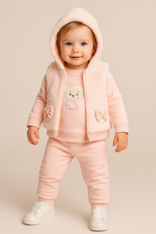 Set bluzita pantaloni si vesta - Set Fetite 3 Piese Roz, Bluza, Vesta Pufoasa cu Gluga, Pantaloni Asortati