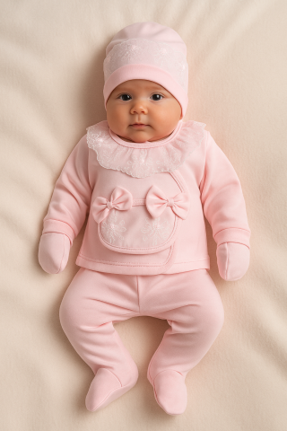 Seturi nou nascuti (0-3 luni) - Set Fetite 5 Piese Roz Pal cu Dantela – Bluza, Pantaloni, Babetica, Caciulita si Manusi – 0-3 Luni