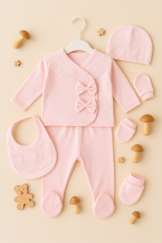 Set Fetite 5 Piese Roz Pal cu Dantela – Bluza, Pantaloni, Babetica, Caciulita si Manusi – 0-3 Luni [2]