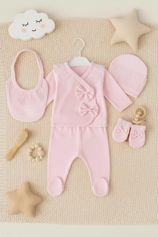 Set Fetite 5 Piese Roz Pal cu Dantela – Bluza, Pantaloni, Babetica, Caciulita si Manusi – 0-3 Luni [1]