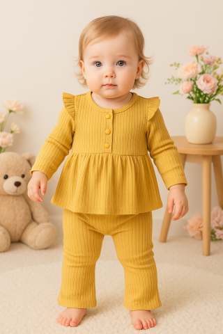 Imbracaminte - Set Fetite Rib Mustar Bluza Volanase Pantaloni Elastici