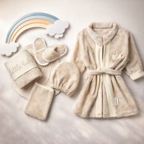 Halate de baie - Set halat copii 5 piese bumbac absorbant crem