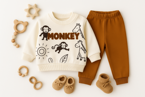 Set hanorac si pantaloni bebelusi din bumbac ALB – Monkey [2]