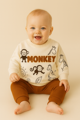 Set hanorac si pantaloni bebelusi din bumbac ALB – Monkey [1]