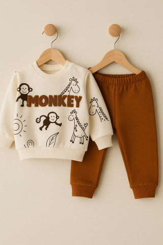 Set hanorac si pantaloni bebelusi din bumbac ALB – Monkey [3]