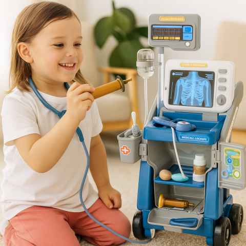 Jucarii Copii - Set mic doctor cu carucior medical raze X ECG lumini albastru 16 piese