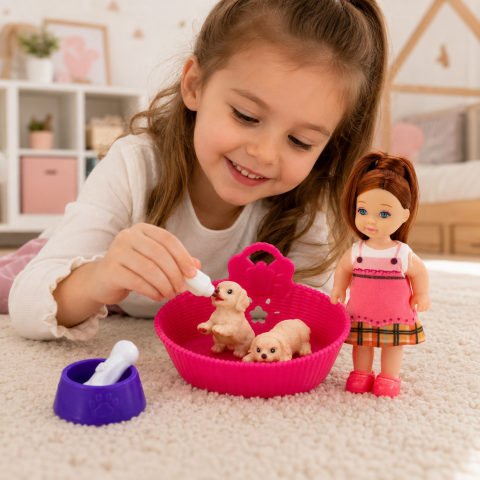 Set papusa mini 12 cm cu 2 catelusi, patut, biberon si bol, 3 ani+ [3]