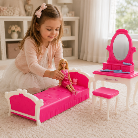 Set mobilier dormitor pentru papusi de 29 cm, pat, masa de toaleta si scaun, 3 ani+ [1]