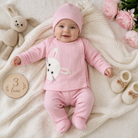 Seturi diverse - Set Nana 3 piese bebelusi – bluza, pantaloni si caciulita din bumbac, Roz