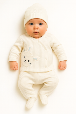 Imbracaminte - Set Nana 3 piese bebelusi – bluza, pantaloni si caciulita din bumbac, Alb