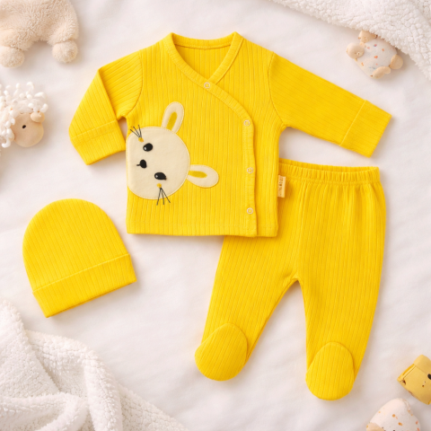 Imbracaminte - Set Nana 3 piese bebelusi – bluza, pantaloni si caciulita din bumbac, Galben