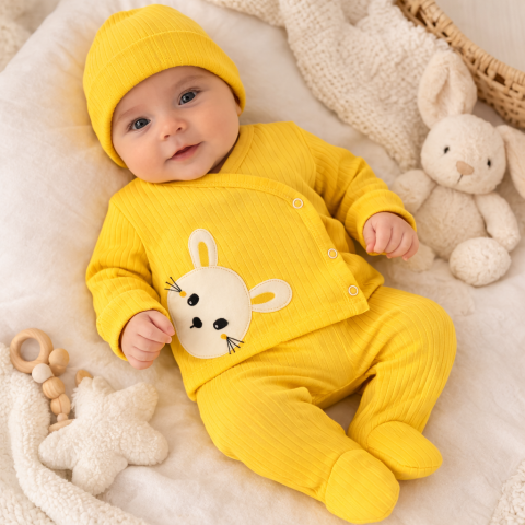 Set Nana 3 piese bebelusi – bluza, pantaloni si caciulita din bumbac, Galben [1]