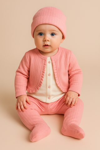 Imbracaminte - Set Fetite 3 Piese Roz, Bluza cu Bolero Cusut, Pantaloni si Caciulita, 0-3 Luni