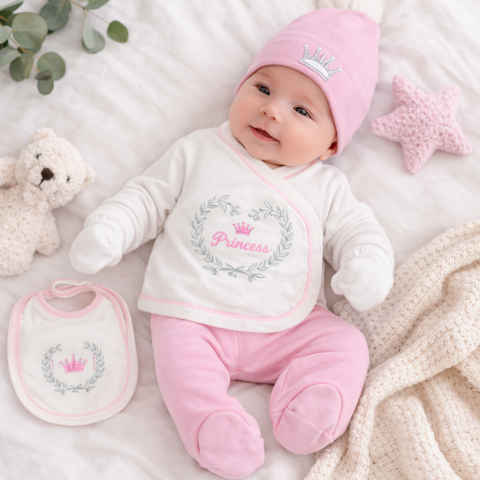 Seturi nou nascuti (0-3 luni) - Set nou nascut fetita princess brodat bumbac 5 piese