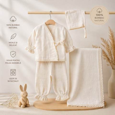 Set bluzita si pantaloni - Set nou nascuti din 3 piese muselina crem cu paturica si boneta Riffi