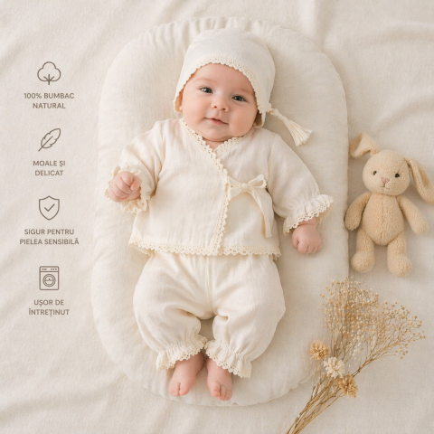 Set nou nascuti din 3 piese muselina crem cu paturica si boneta Riffi [1]