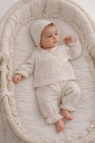 Set nou nascuti din 3 piese muselina crem cu paturica si boneta Riffi [2]