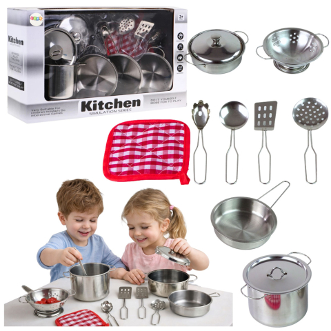 Jucarii Copii - Set oale metalice si accesorii bucatarie pentru copii, 10 piese, argintiu (3+ ani)
