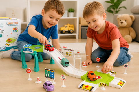 Masinute - Set Parcare auto cu pista si 3 masinute incluse, garaj pe 3 niveluri pentru copii