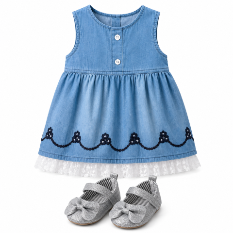 Set pentru fetite cu rochie albastră tip denim și pantofiori gri cu fundiță Oryeda – 6-24 luni [4]