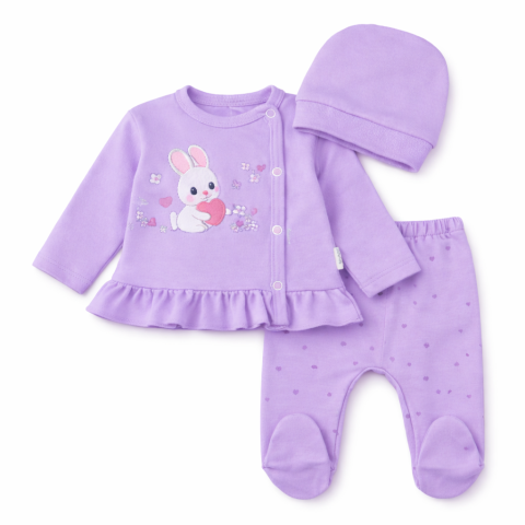 Seturi nou nascuti (0-3 luni) - Set pentru nou-nascuti – 3 piese, model Iepuras Lila