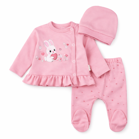 Seturi nou nascuti (0-3 luni) - Set roz pentru nou-nascuti – 3 piese, model Iepuras