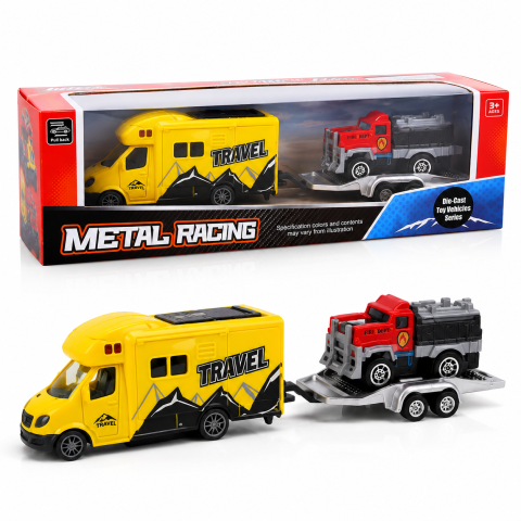 Jucarii - Set rulota de calatorie cu platforma si autospeciala pompieri metalica pull back 3 ani+