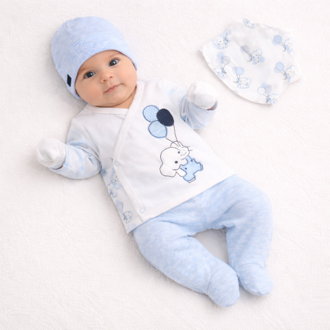 Seturi nou nascuti (0-3 luni) - Set salopeta albastra 5 piese cu elefantei 0-3 luni